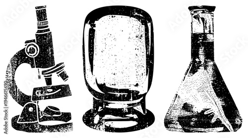 Vintage scientific equipment including microscope, round bottom flask, and conical flask, rendered in halftone style, ideal for educational or retro themed designs.