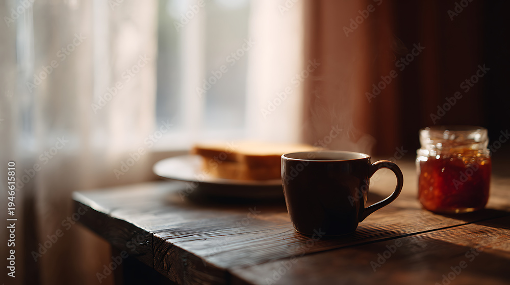 Obraz premium Warm morning light illuminates a rustic table set for a simple breakfast with a steaming cup of coffee and toast with jam, creating a cozy atmosphere