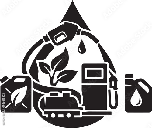 Black silhouette biodiesel and biofuel energy concept with gas pump nozzle fuel tank drop shape dispenser hose motor oil container icon set vector