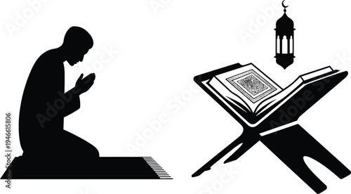 Silhouette of a person praying on a rug next to a Quran on a stand with a lantern above