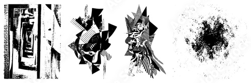 Fragmented geometric shapes with halftone textures, abstract art, vector graphic, modern design, stylized forms, composition, graphic design element.