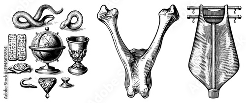 Antique engraved illustrations of coiled snakes, human bone structure, and ancient relics like globes and goblets, rendered in classic art.