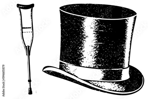 Classic top hat with ribbon band and crutch walking aid, vector silhouette, halftone style, retro graphic, symbolic representation, accessibility, formal wear accessory.