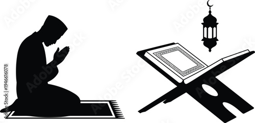 Black silhouette of a man praying on a rug next to a Quran on a stand and a crescent moon lantern