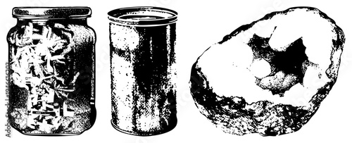 Historical preserved container, rustic tin can, ancient stone relic with star cut cavity, halftone vector illustration, isolated artifacts.