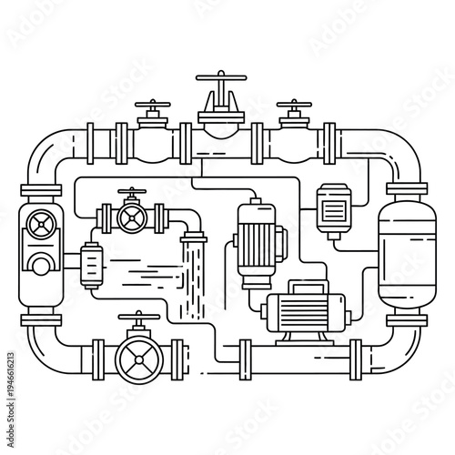 Black and white line of industrial piping system with valves and machinery