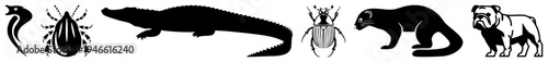 Stylized black vector of crocodile, bulldog, beetle, ferret, snake, spider minimalist flat design, isolated foreground, no background.
