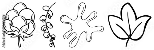 Botanical art set with cotton boll, berry vine, liquid splash, maple leaf, minimalist design, vector foreground, isolated elements.