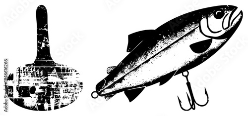 Black and white fishing lure graphic, float and fish bait, halftone, fishing tackle, vector art, angler gear, sport fishing equipment.