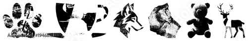 Fragmented paw print, broken teacup, geometric wolf, textured lion, teddy bear, deer with antlers all rendered in high contrast with gritty, worn textures.