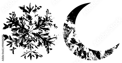 Distressed black snowflake and moon graphic, stencil art, vector, winter symbol, lunar, textured design, artistic motif.