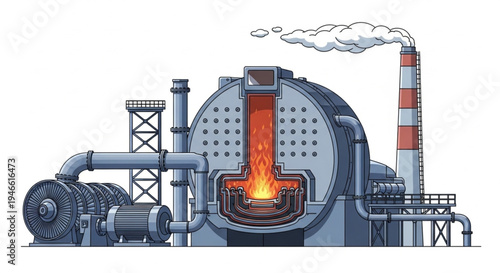 Industrial Furnace Illustration - Molten Metal Production and Manufacturing Process.