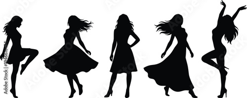 Elegant dancing women silhouette set, female dancers in flowing dresses stylish girls black vector isolated illustration collection