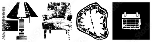 Grunge styled black and white of lamp, armchair, melting clock, and calendar, isolated vector graphics with halftone texture, perfect for retro UI or print design.
