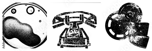 Retro rotary phone, bacterial culture plate, film reel, halftone vector, isolated graphic elements, design, technical illustration.