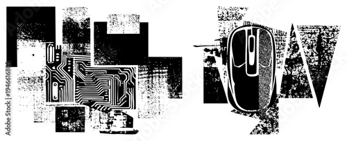 Digital mouse and circuit board in, halftone texture, tech art, isolated vector graphic, computer hardware abstraction, glitch style, electronic components.