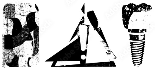 Fragmented black and white forms with grainy halftone texture, abstract composition, graphic design elements, stylized silhouettes, vector art motifs.