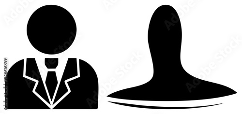 Two stylized user one in suit with tie, one faceless silhouette representing professional and anonymous personas, ideal for UI or digital interfaces.