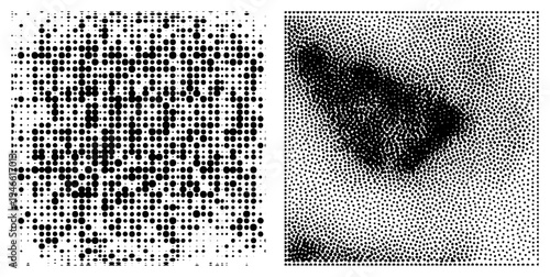 Black dot matrix forming abstract shapes, halftone gradient effect, vector art design, graphic texture, minimalist, visual noise, digital illustration.