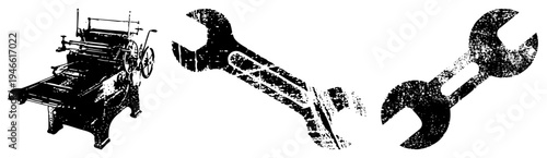 Industrial printing press with gears, vintage typography machine, metal wrench tools, halftone texture, mechanical repair, workshop equipment, retro graphic design.