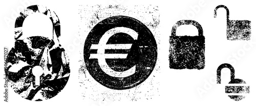 Weathered lock and euro currency symbol, distressed graphic elements, financial security design, digital assets, vector set.