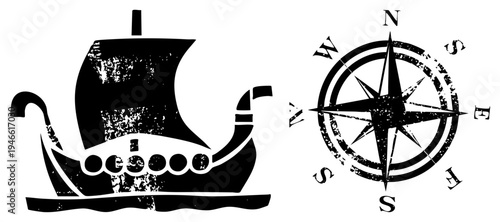 Vintage distressed Viking longship with sail and oar ports, paired with weathered compass rose, nautical navigation, maritime adventure motifs.