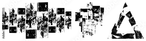 Ripped urban textures, distressed black and white fragments, chaotic city decay, abstract composition, halftone grit, geometric triangle motif.