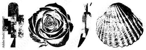 Black and white halftone vector illustrations of abstract shape, rose, carrot,, stylized botanicals, graphic design elements, isolated.