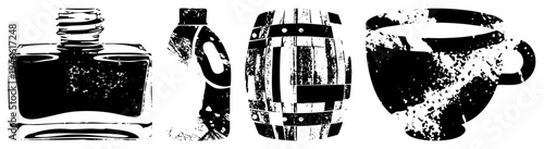 Ink bottle, detergent bottle, wooden barrel, coffee mug stylized vector with distressed textures, design, graphic illustrations for branding or UI.