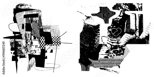 Stylized black and white graphic collage with intersecting shapes, halftone textures, and bold, abstract composition, modern art illustration.