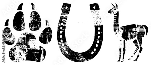 Stylized paw print, horseshoe, and llama silhouette with distressed halftone texture, vector graphic design, rustic symbolic.