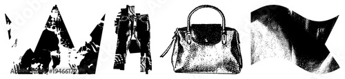 Graphic letterforms A and M with fragmented textures, fashion pants with overlay, luxury handbag with halftone shading, isolated vector art elements.