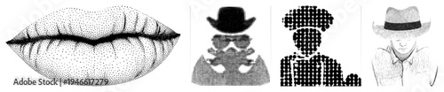 Vector halftone portraits lips, masked cowboy, dotted man in hat, and fedora figure. Black and white stippling style, isolated foreground elements.