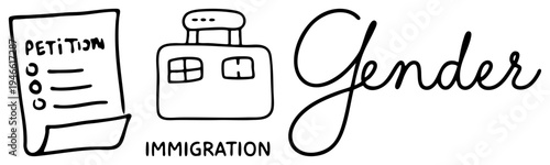 Sketch style for gender identity and immigration petition, minimalist art, legal documentation, travel suitcase, handwritten text, advocacy symbols.