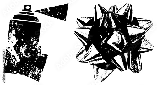 Black and white vector of spray paint can and bow, gritty texture, urban art elements, stencil style graphics, isolated objects.