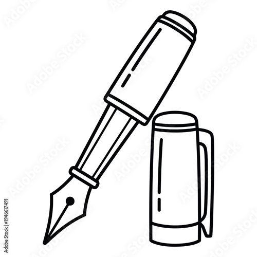 Black line fountain pen and inkwell writing instrument tool supply