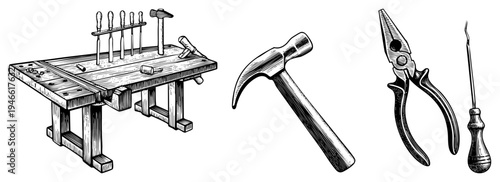 Classic woodworking bench with tool rack, claw hammer, nose pliers, screwdriver, hand tools, black and white art, craft supplies.