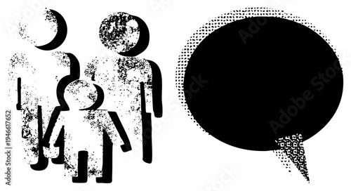 Abstract family figures in dot matrix style, communicating via speech bubble, minimalist vector design, conversation symbol, group interaction.