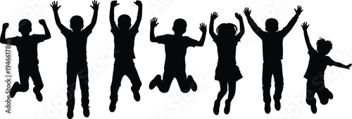 Children silhouettes jumping with raised arms, vector illustration capturing joy, freedom, playful energy, youthful exuberance, outdoor activity, and childhood recreation design concepts