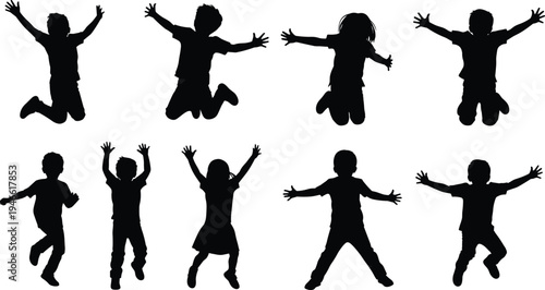 Silhouette children jumping in playful poses, joyful childhood activity, freedom, happiness, fun movement, energetic lifestyle, kids illustration concept for youth and playfulness