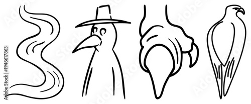 Cartoonish bird characters including a smoking puff, a hat wearing bird, a hand shaped bird, and a hawk. Simple art, vector illustrations, bird mascots, whimsical avian designs.