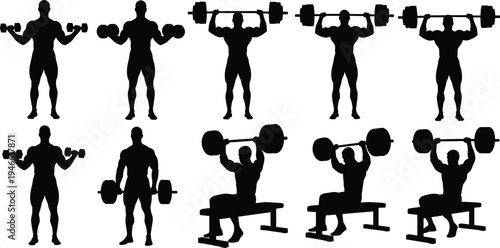 Silhouette athletes performing weightlifting exercises with barbells and dumbbells, strength training, fitness workout, bodybuilding posture, gym lifestyle, exercise illustration concept