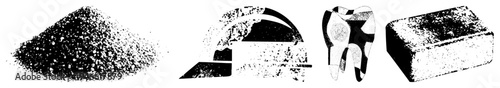 Stylized graphic elements with distressed texture, halftone shading, and isolated shapes pile, arch, tooth, block rendered in, ideal for UI design or print.