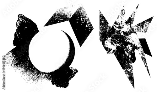 Bold black shapes with halftone grain and distressed texture, abstract composition, graphic design elements, stylized forms, vector art pieces.