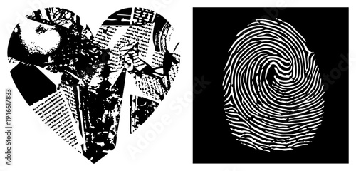 Heart formed from fragmented newspaper text and, paired with a swirling fingerprint design, both in high contrast black and white vector art, ideal for identity or themes.