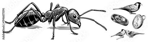 Engraved ant with segmented body and antennae, accompanied by birds and coins in vintage etching style, black and white vector graphic.