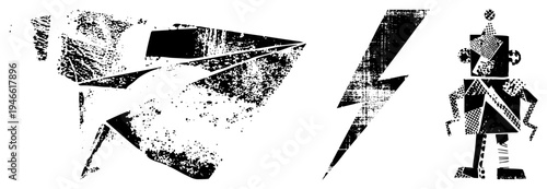 Stylized lightning bolt and robot with distressed textures, graphic design elements, vector art, digital illustration, retro futuristic motifs.