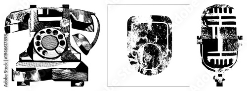 Retro rotary telephone, classic microphone, aged smartphone graphic, halftone style, vector, isolated tech relics, nostalgic communication tools.