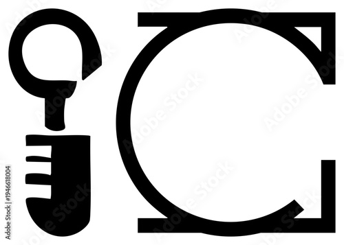 Egyptian ankh symbol and caduceus staff, black vector glyphs, religious artifact representations, mythological, flat design symbols.