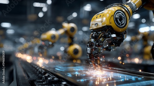 An industrial robotic arm precisely welds metal on an automated production line in a modern factory, emitting bright sparks and light.